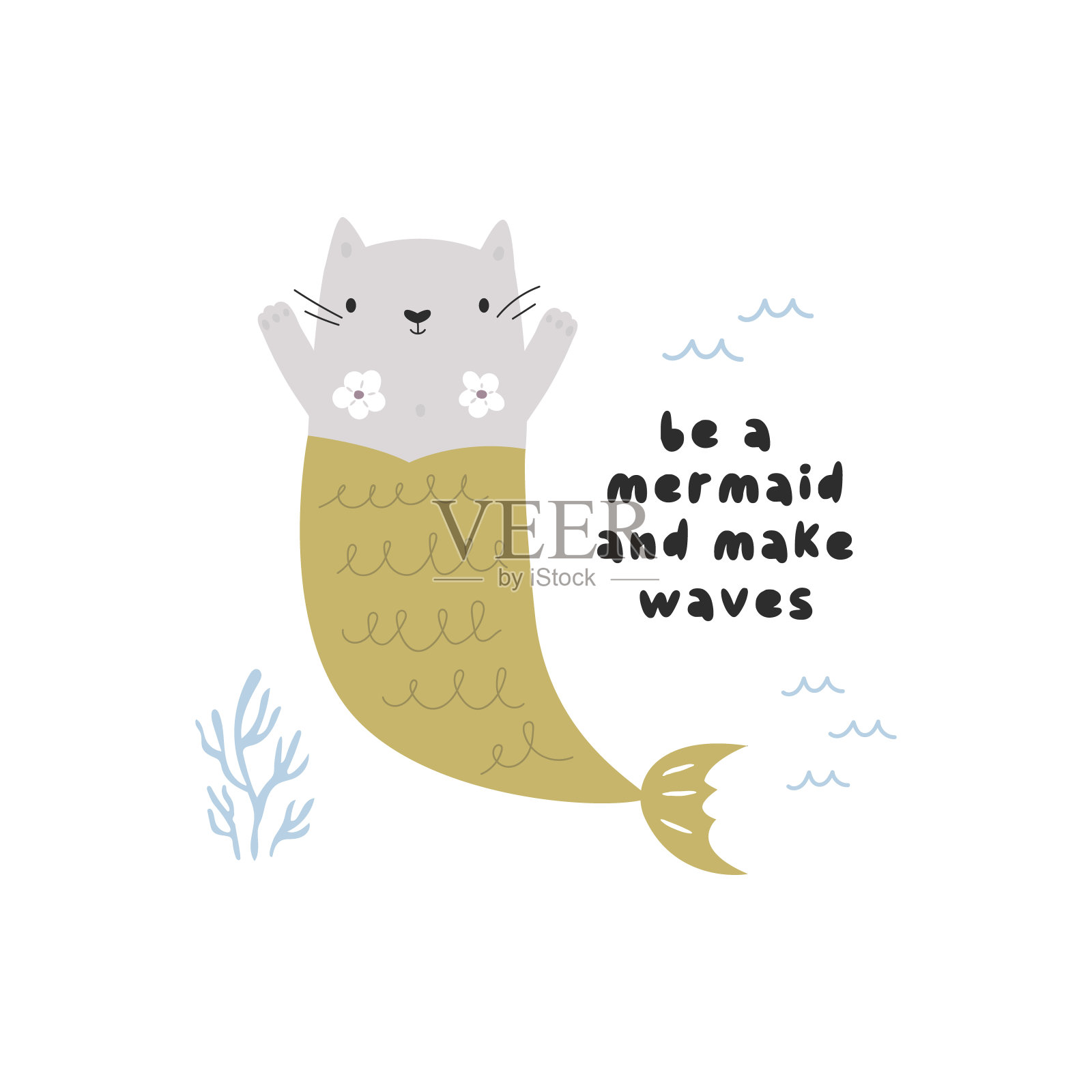 海洋作文与有趣的猫美人鱼和文字成为美人鱼，掀起海浪。插画图片素材