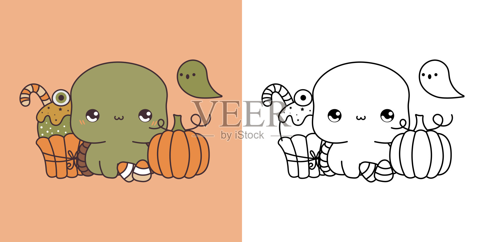 可爱的万圣节乌龟剪纸插图和黑色和白色。卡哇伊剪贴画万圣节乌龟。插画图片素材
