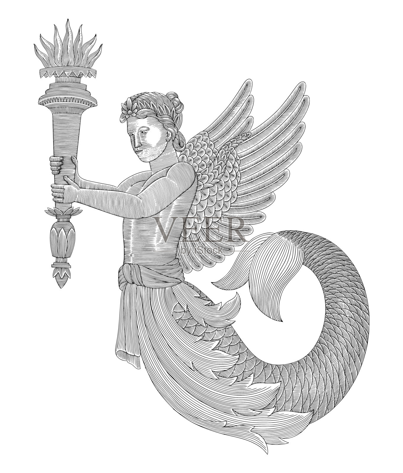 年轻的美人鱼手持火炬与翅膀和树叶装饰，复古雕刻绘画风格矢量插图插画图片素材