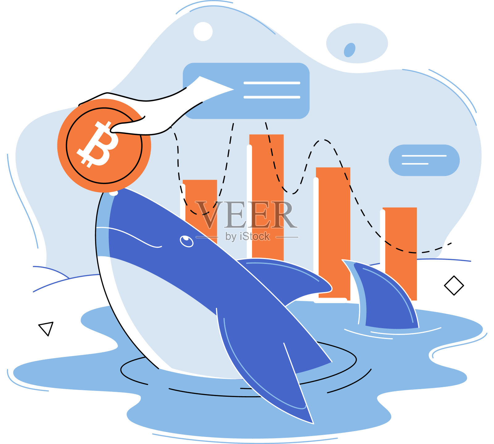 鲸鱼从水中浮出水面，鼻子上衔着金币。没有经验的投资者，糟糕的投资插画图片素材