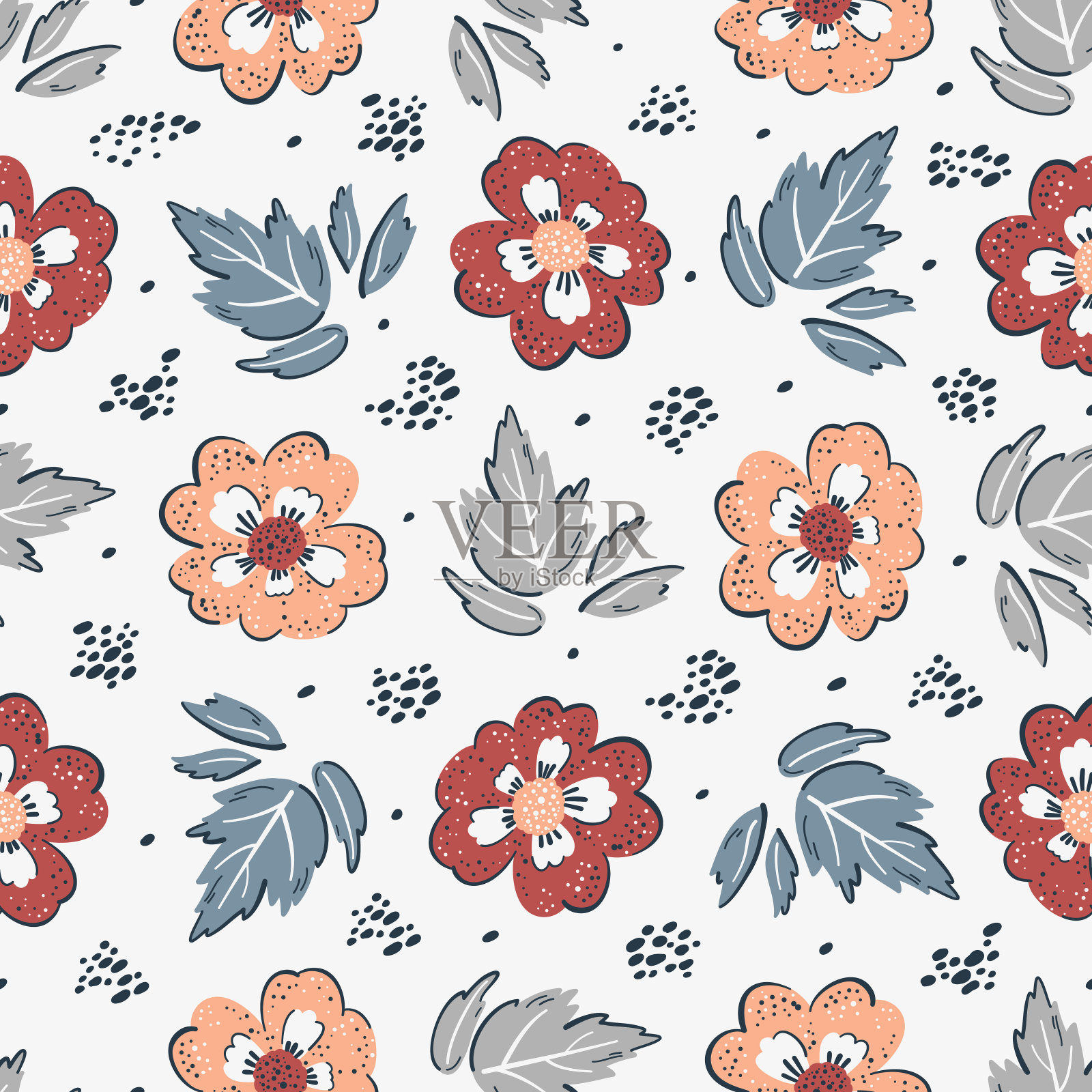 矢量秋季花卉无缝图案。复古花与树叶背景。美丽的花和叶。愚蠢的印花插画图片素材