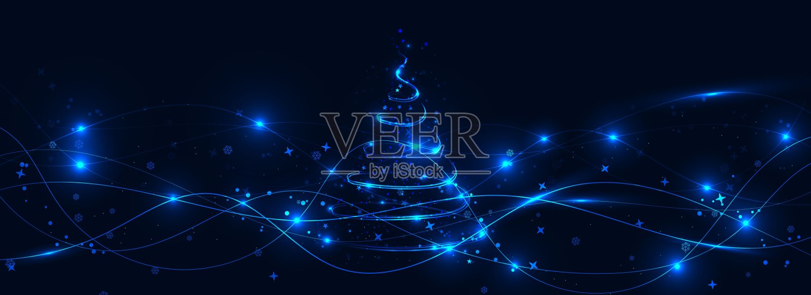 闪耀着星星、雪花和闪闪发光的小颗粒的蓝色螺旋圣诞树。抽象的闪闪发光的波浪线。矢量插图。插画图片素材
