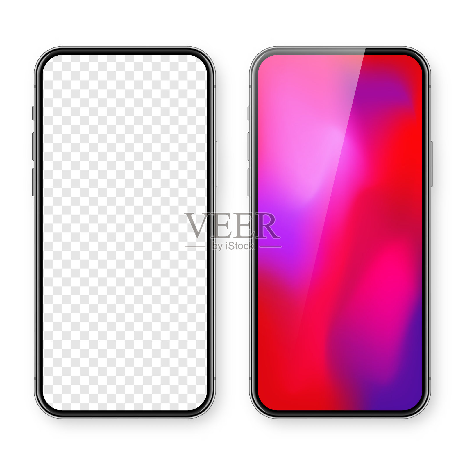 智能手机与空白触摸屏和抽象彩色背景，壁纸。前视图无框手机。高质量的详细设备模型。矢量图插画图片素材
