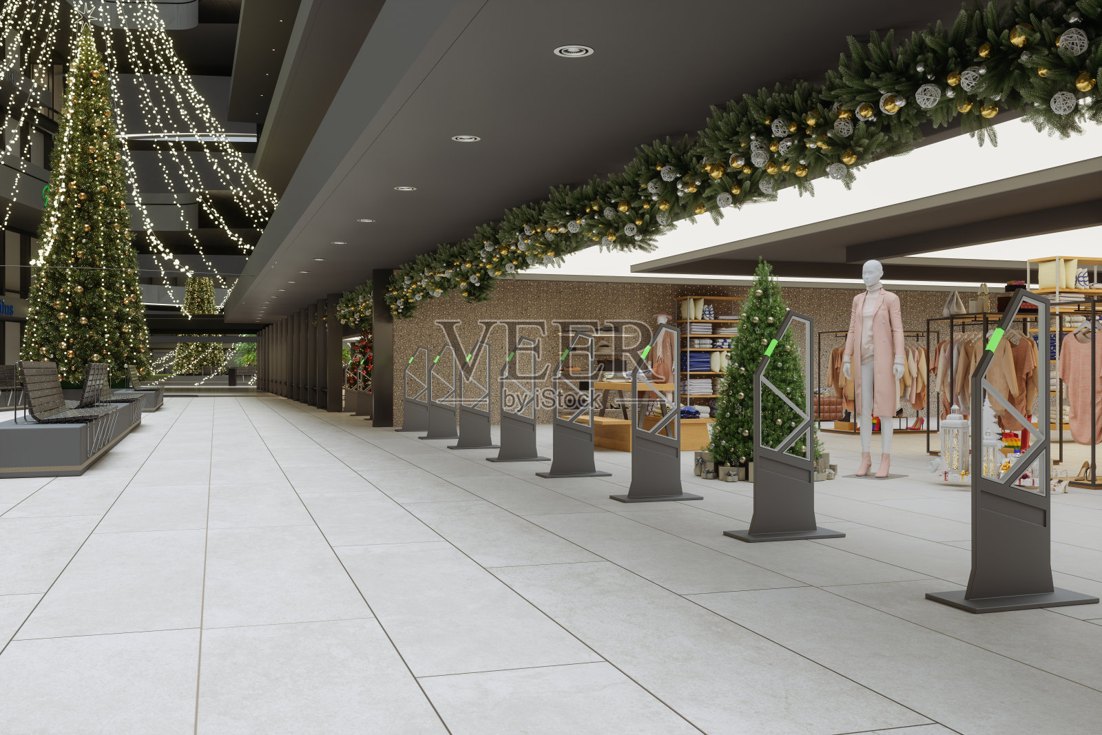 服装店入口有圣诞树，装饰品，挂衣服，鞋子和个人配件照片摄影图片