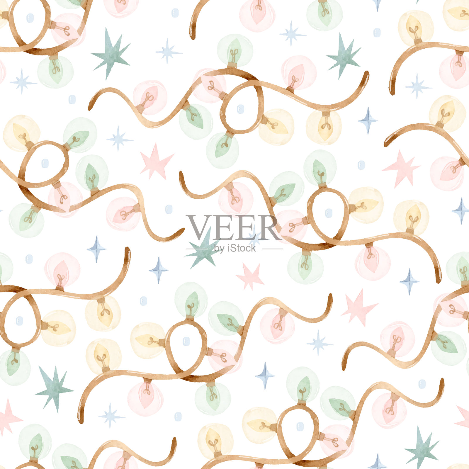 圣诞彩灯花环和星星水彩无缝图案插画图片素材