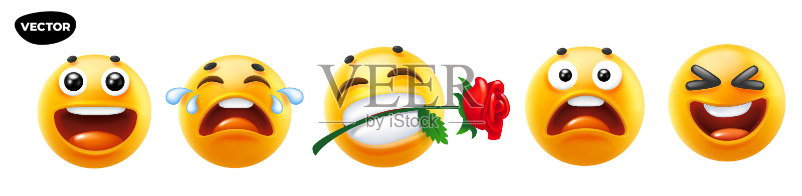 3d矢量风格设计的有趣的表情符号与眼泪，花和微笑的社交媒体。矢量酷收集插图的快乐乐趣黄色表情符号与不同的情感插画图片素材