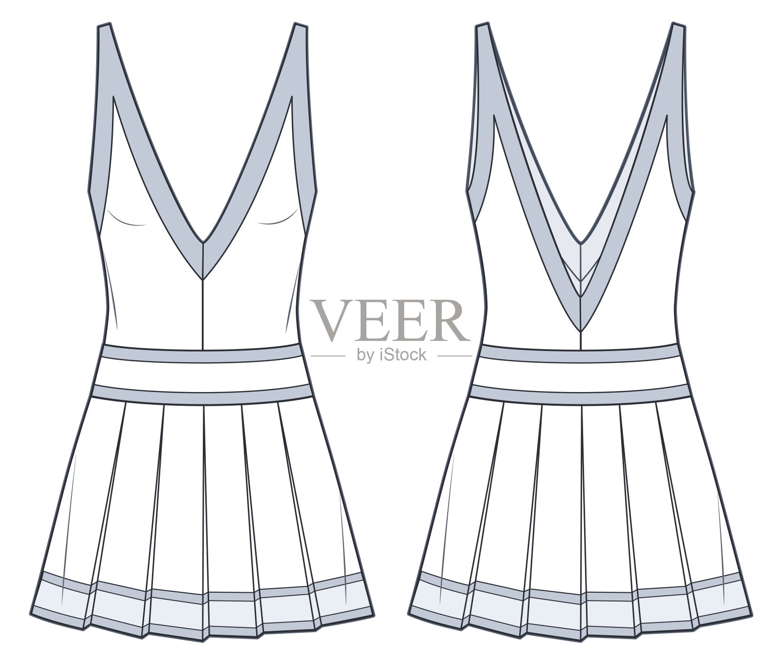 百褶裙技术时尚插画，条纹设计。连衣裙时尚平面技术图纸模板，深v领，迷你裙，无袖，正面，后视图，白色，女装CAD样板。插画图片素材
