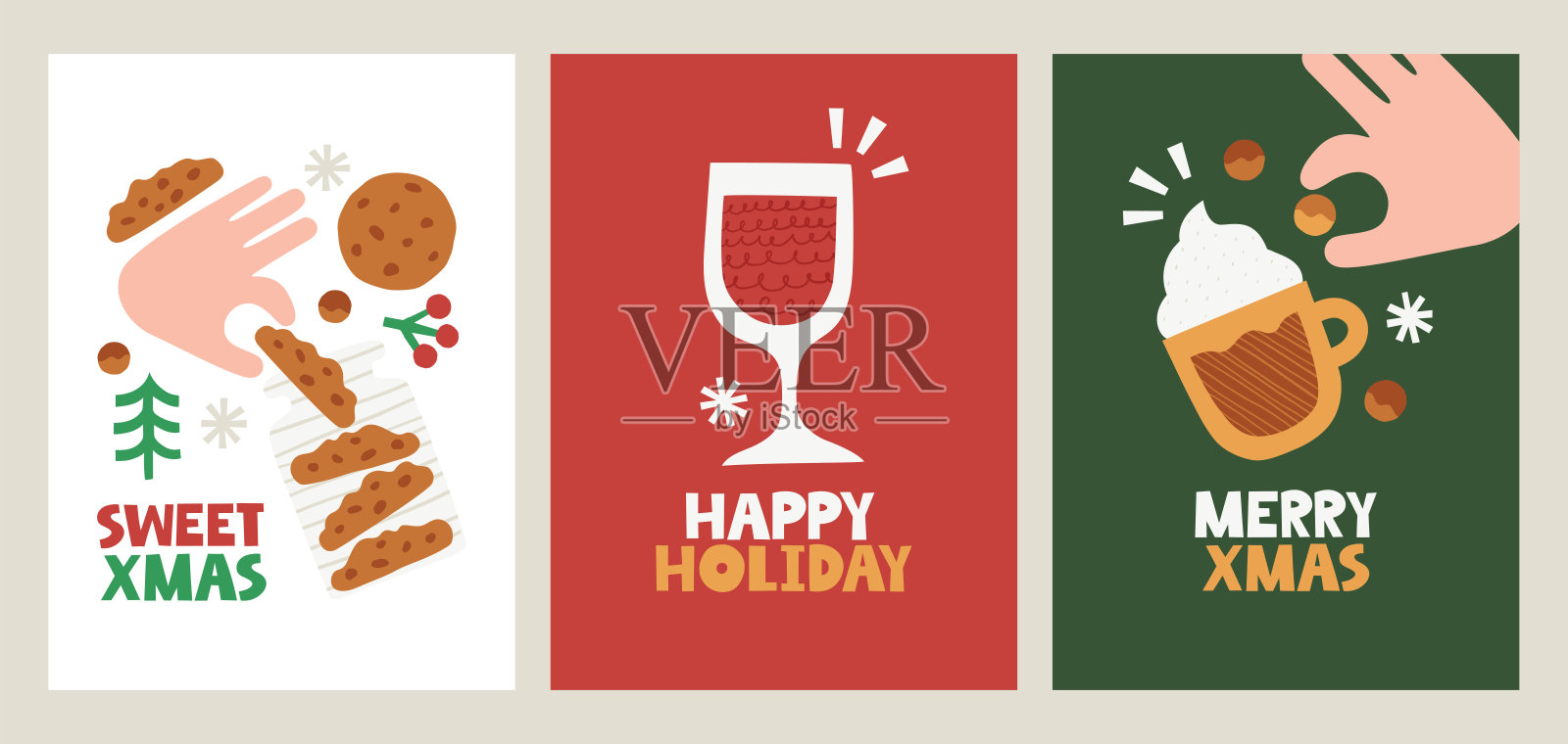 向量圣诞贺卡与可可，热葡萄酒，饼干，糖果，焦糖，圣诞树和短语圣诞快乐和节日快乐插画图片素材