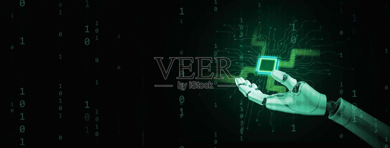 计算能力技术和性能概念。机器人或人工智能手中的超级强大的CPU或微芯片，周围有二进制代码照片摄影图片