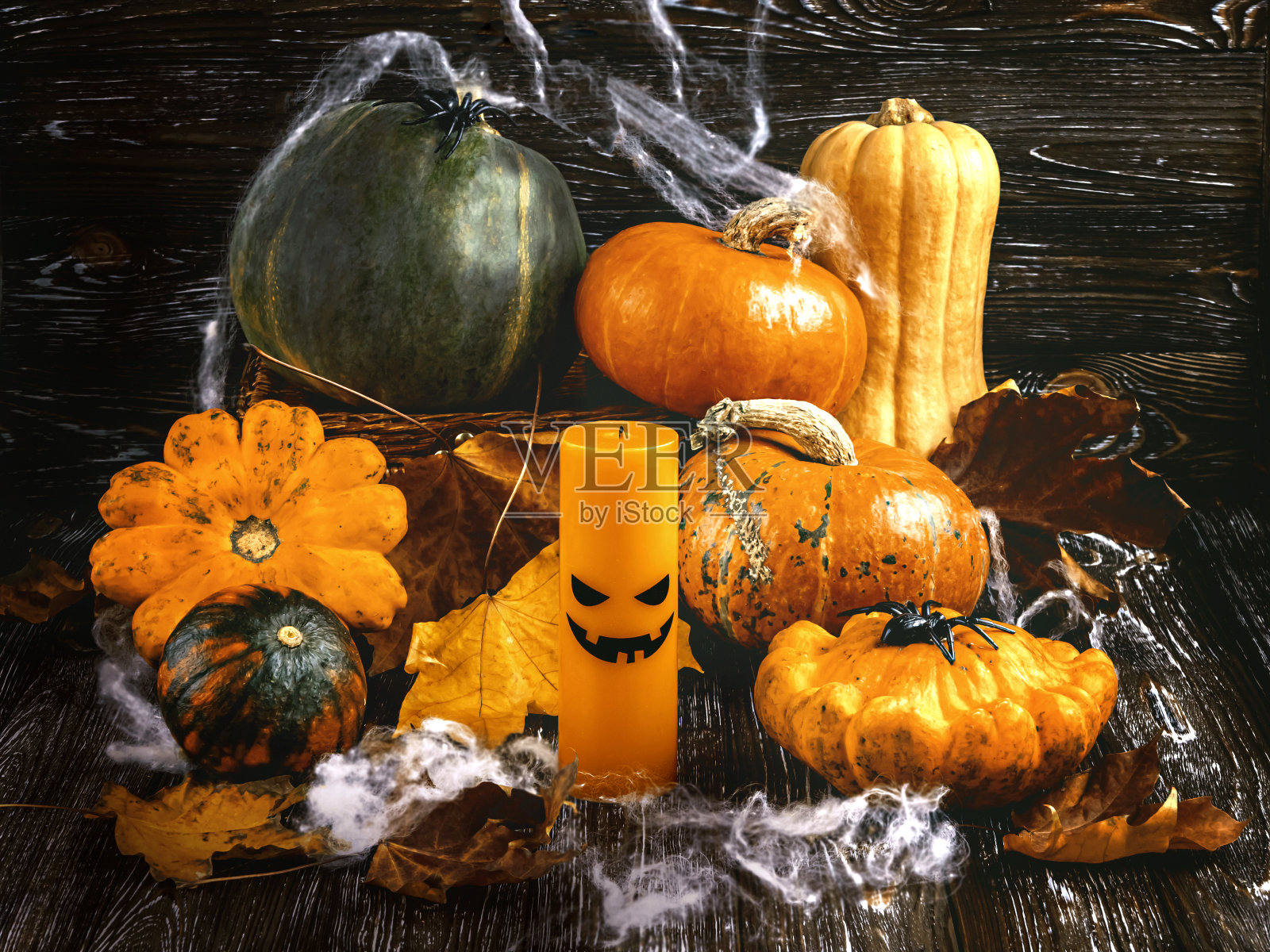 万圣节南瓜、蜘蛛、网和秋叶。照片摄影图片