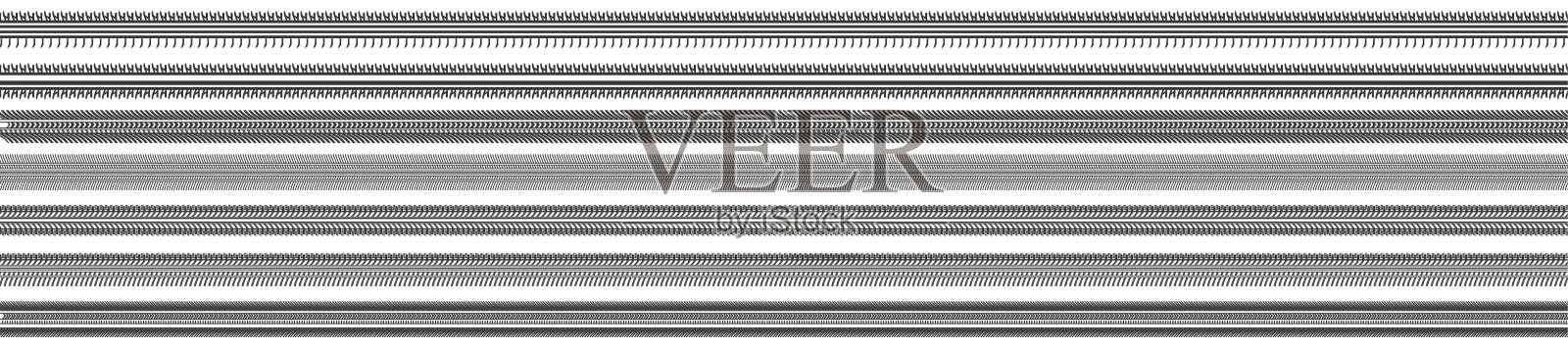 机械轮胎轨迹集，轮胎地面印痕隔离，车辆轮胎脚印，胎面刷，无缝运输地面痕迹或标记纹理，车轮胎面。矢量插画图片素材