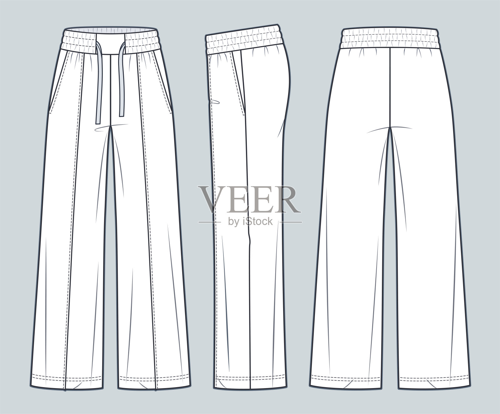 阔腿裤时尚平面技术图纸模板。运动裤与箭头技术时尚插图，超大号，松紧带，前，侧和后视图，白色，女性，男性，男女通用的CAD模型。插画图片素材