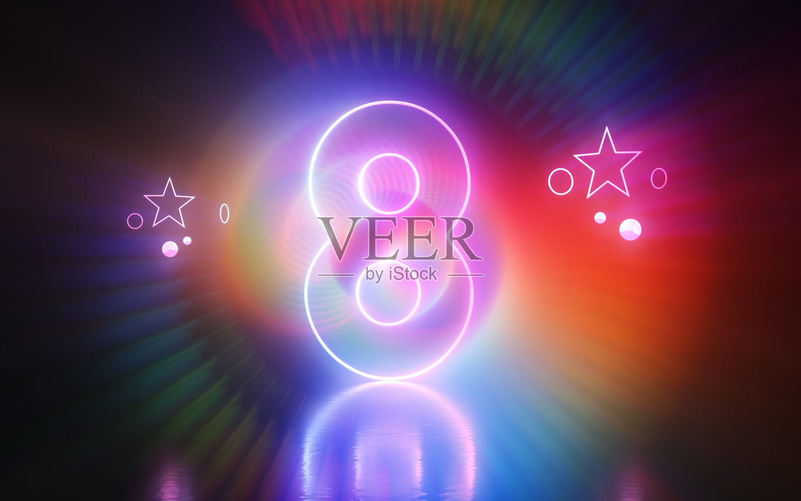 在黑暗中发光的数字8字，霓虹灯彩色照片摄影图片