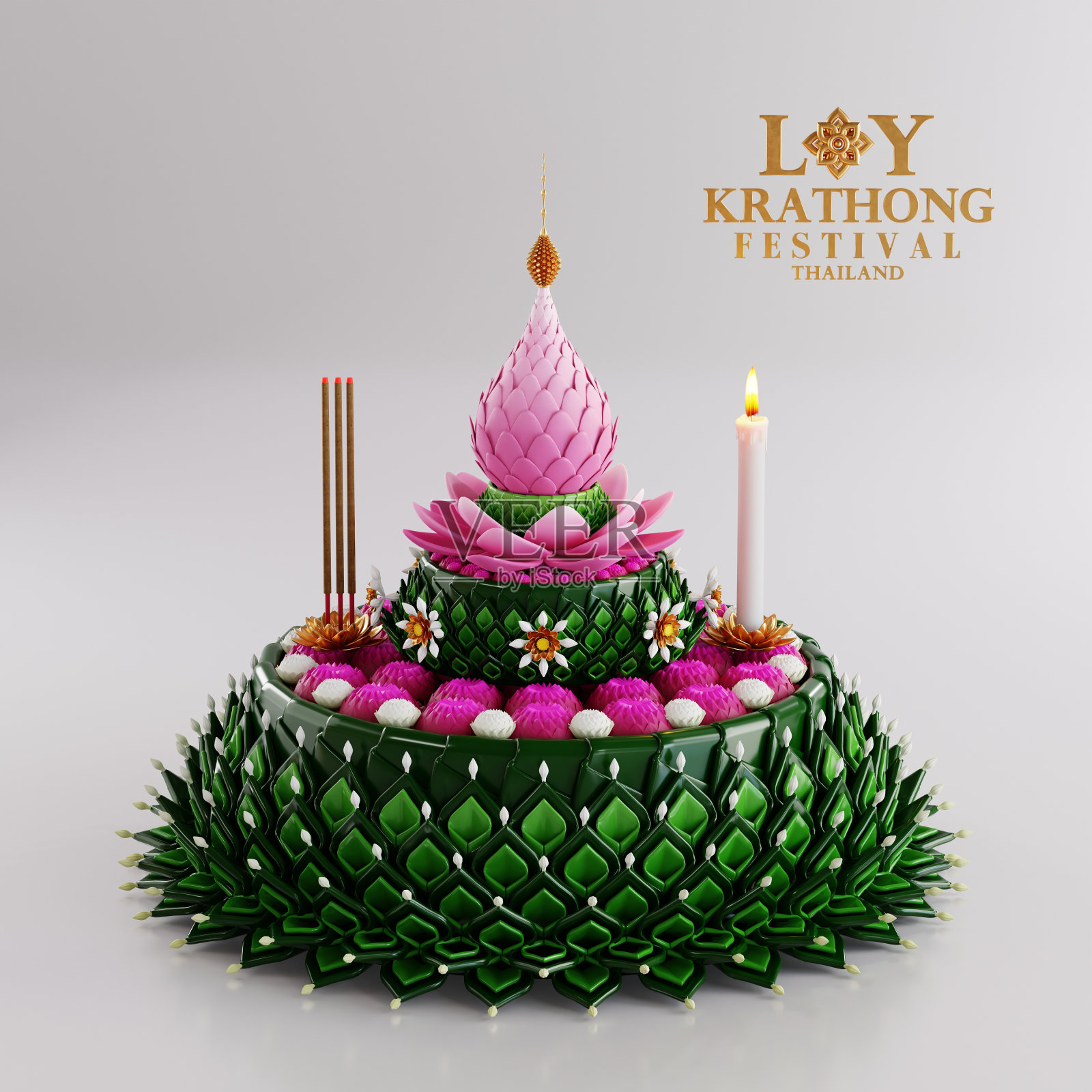 3d渲染插图Loy kratong节和Yi Peng节在泰国kratong从香蕉叶，鲜花，蜡烛和香，满月，河流，和夜晚的背景颜色。照片摄影图片