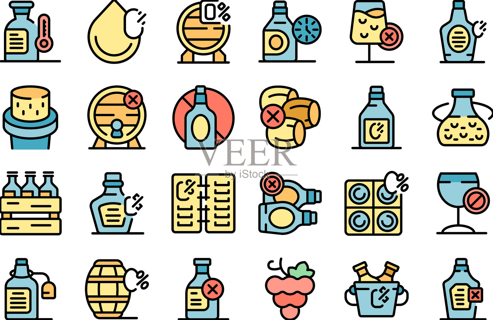 不含酒精的葡萄酒图标设置平坦插画图片素材
