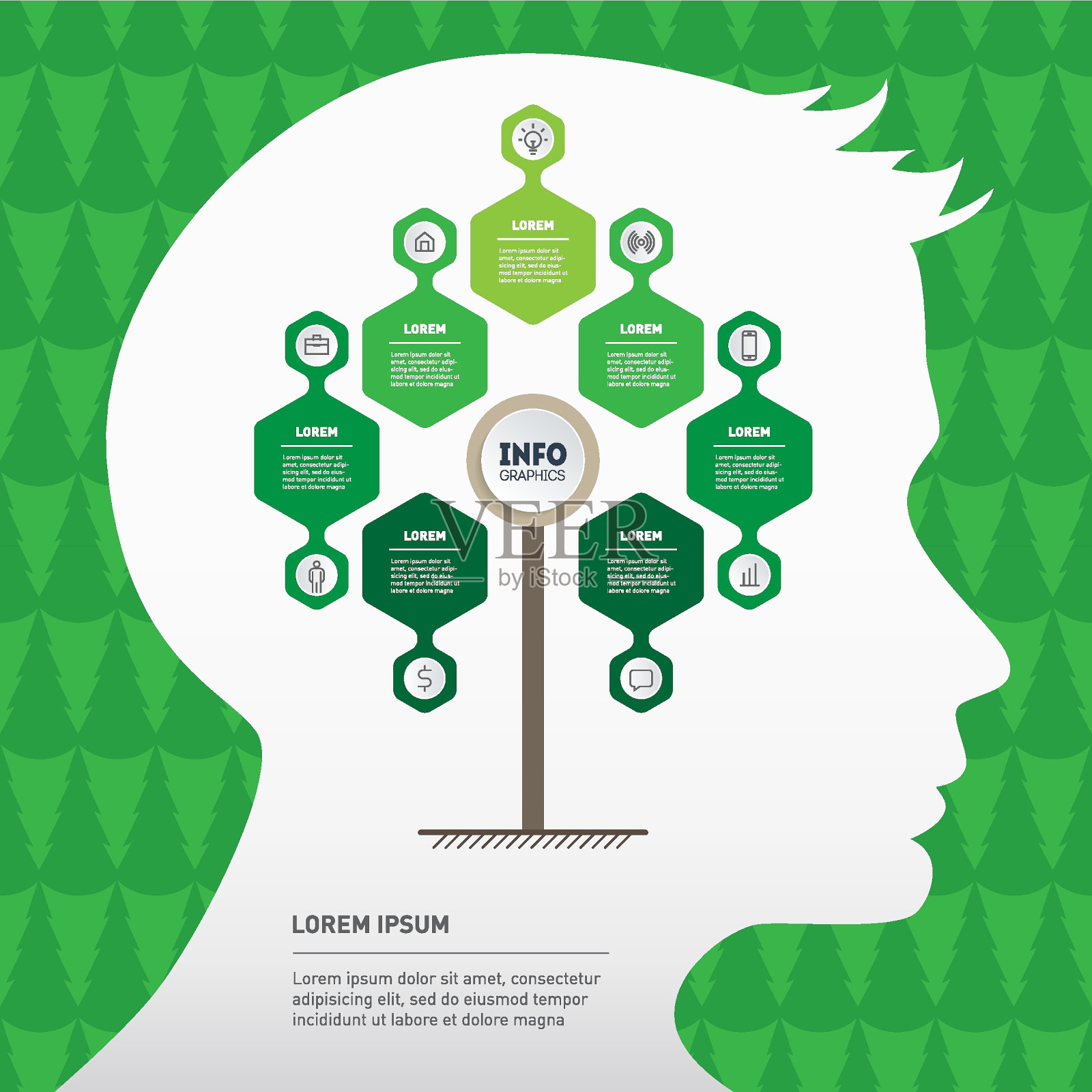 业务发展和增长的思维导图。信息图在人的头部轮廓和图案的背景。绿色商业演示概念，包含7个选项、部分、步骤或流程。插画图片素材