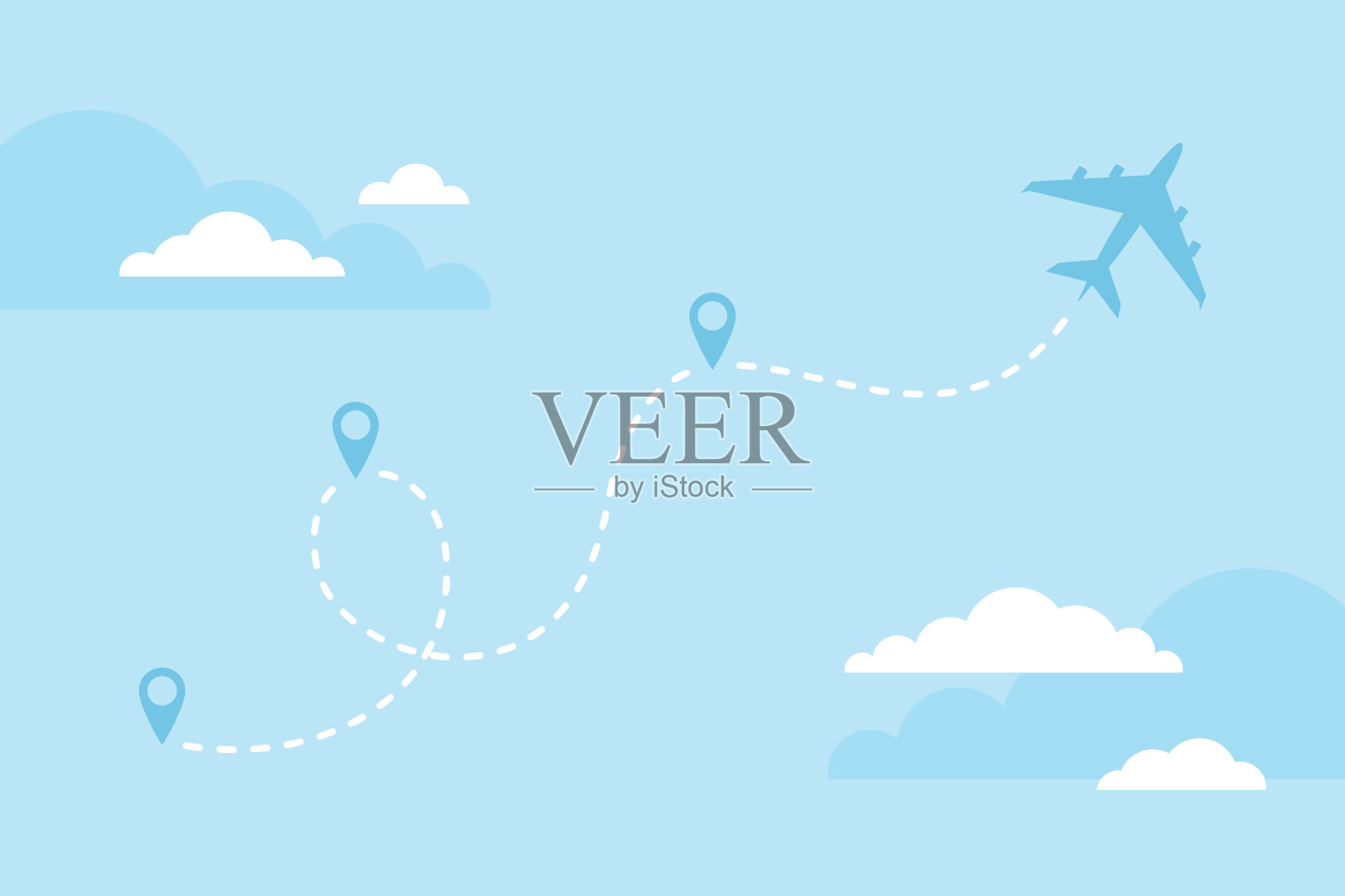 飞行飞机和虚线飞行路线与地图别针图标在蓝色多云的背景。平面矢量图插画图片素材