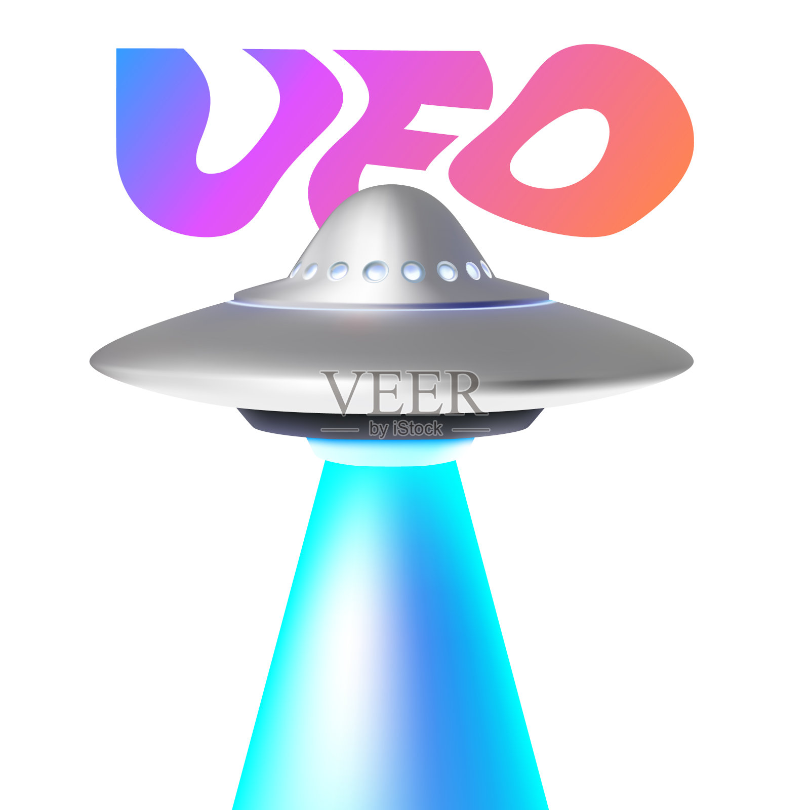 矢量插图银色飞碟与蓝色辉光和字不明飞行物在白色背景。三维风格设计的UFO与照明和文字插画图片素材