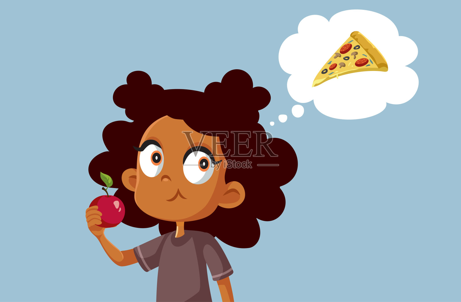 小女孩吃着健康的苹果，披萨矢量插图插画图片素材
