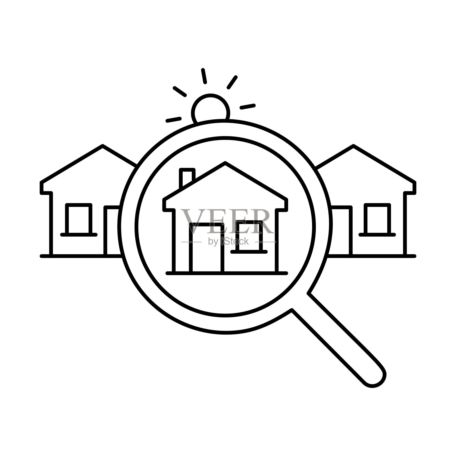 有邻居的房子周围的放大镜图标。邻里探索，家庭搜索图标。插画图片素材