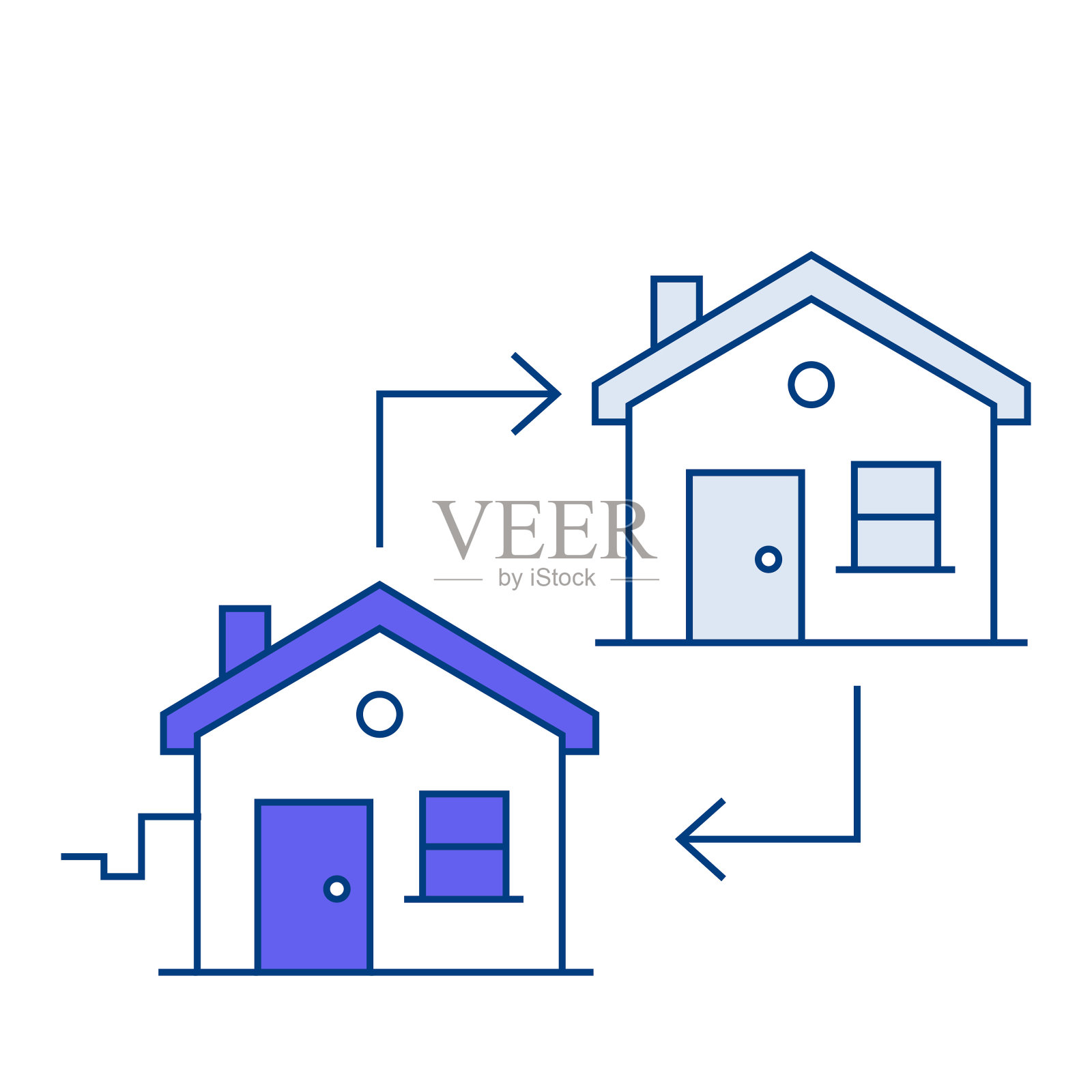 物业交换，房地产转换。两个房子和两个箭头图标。插画图片素材