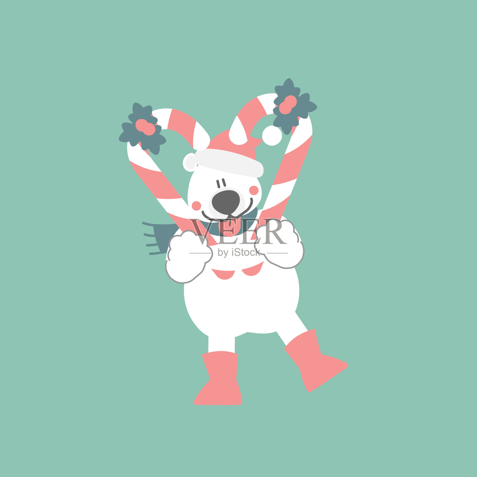 圣诞快乐，新年快乐与可爱的北极熊和拐杖糖在冬季绿色的背景插画图片素材