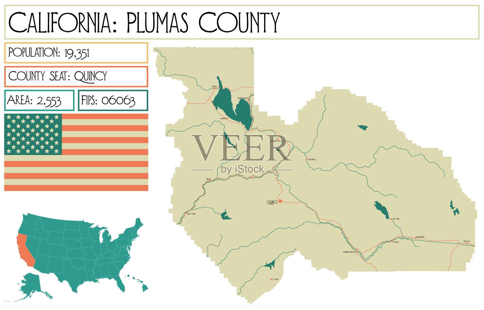 美国加利福尼亚州普卢默斯县的大而详细的地图。插画图片素材