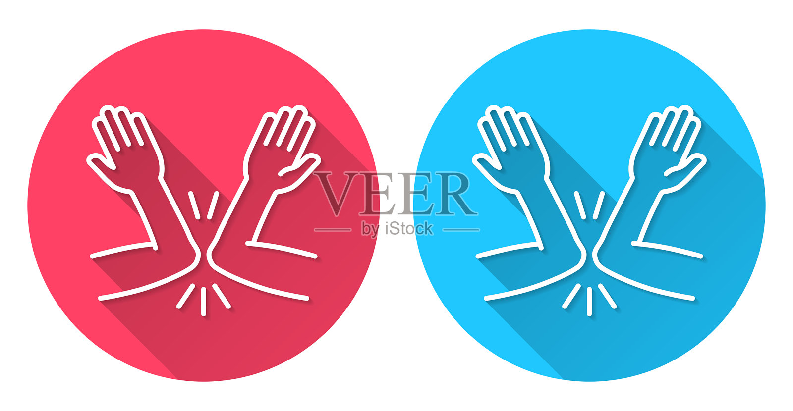 用撞肘打招呼。圆形图标与长阴影在红色或蓝色的背景插画图片素材