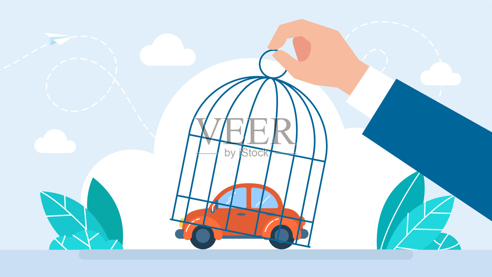 用手举起一个汽车笼子。大手抓着带鸟笼的小商人。罚金、扣押、动产贷款的概念。时尚的插图在平面风格插画图片素材