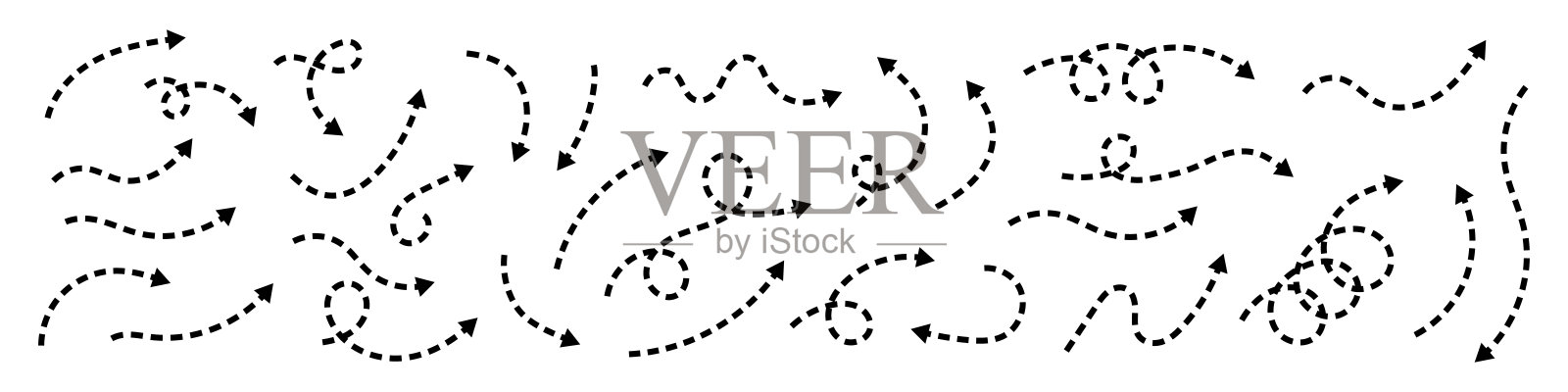 曲线虚线箭头。带虚线的锯齿形箭头条纹设计。薄的箭头。矢量插图。插画图片素材