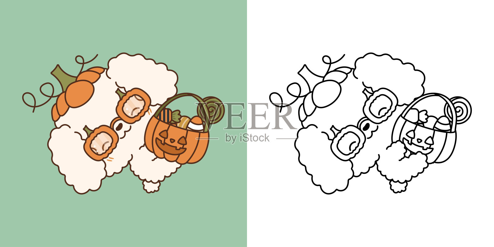 可爱的万圣节贵宾犬插图和着色页。卡通剪贴艺术万圣节狗。插画图片素材