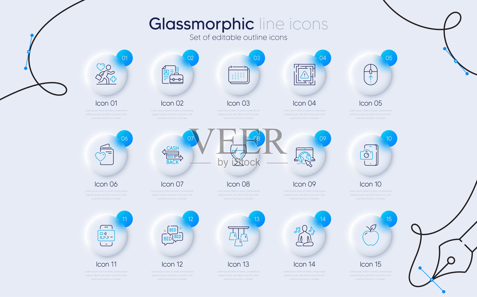 一套吸顶灯，出价报价和空缺线图标为web应用程序。象形文字图标。向量插画图片素材