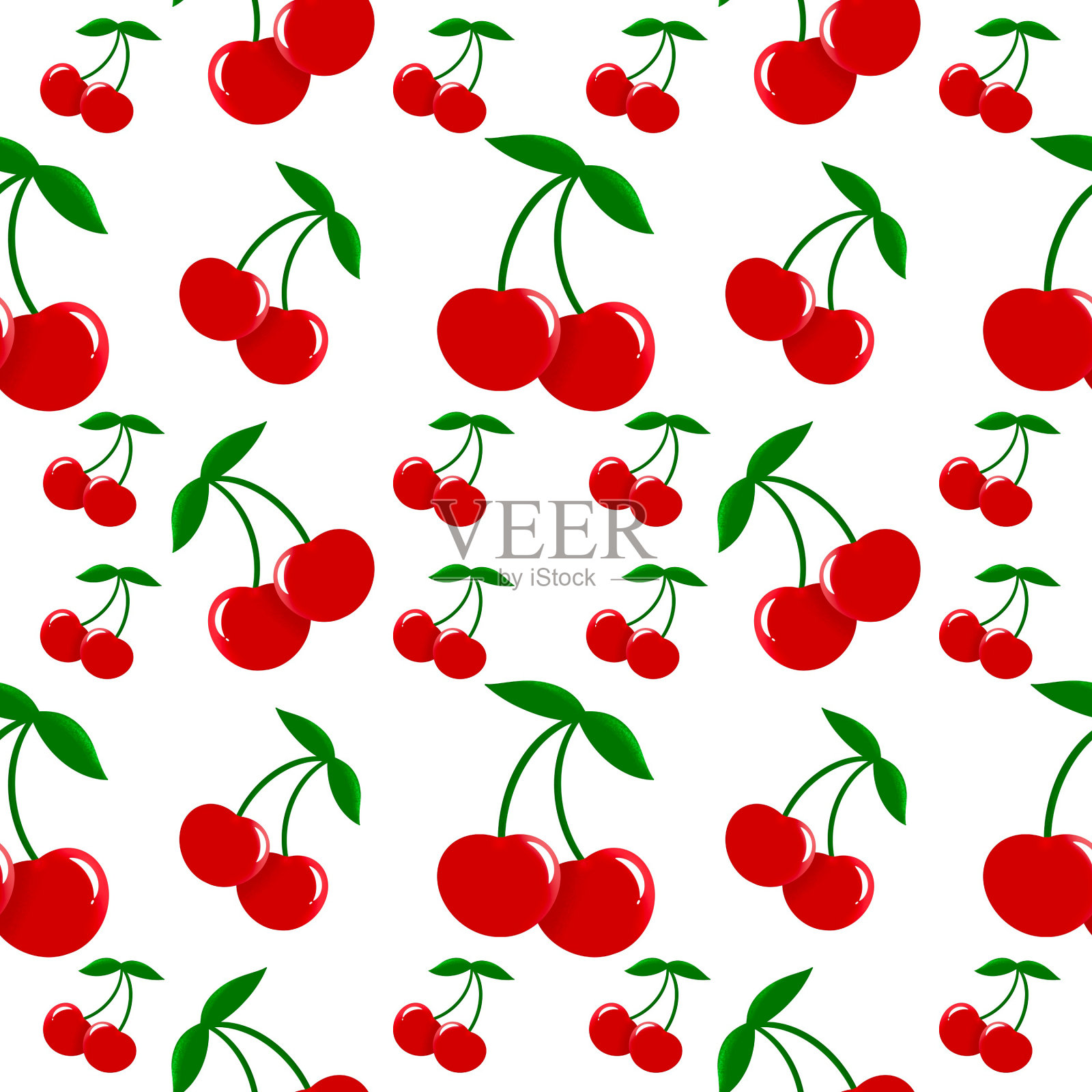 明亮的红色樱桃与叶子，无缝图案在白色的背景插画图片素材