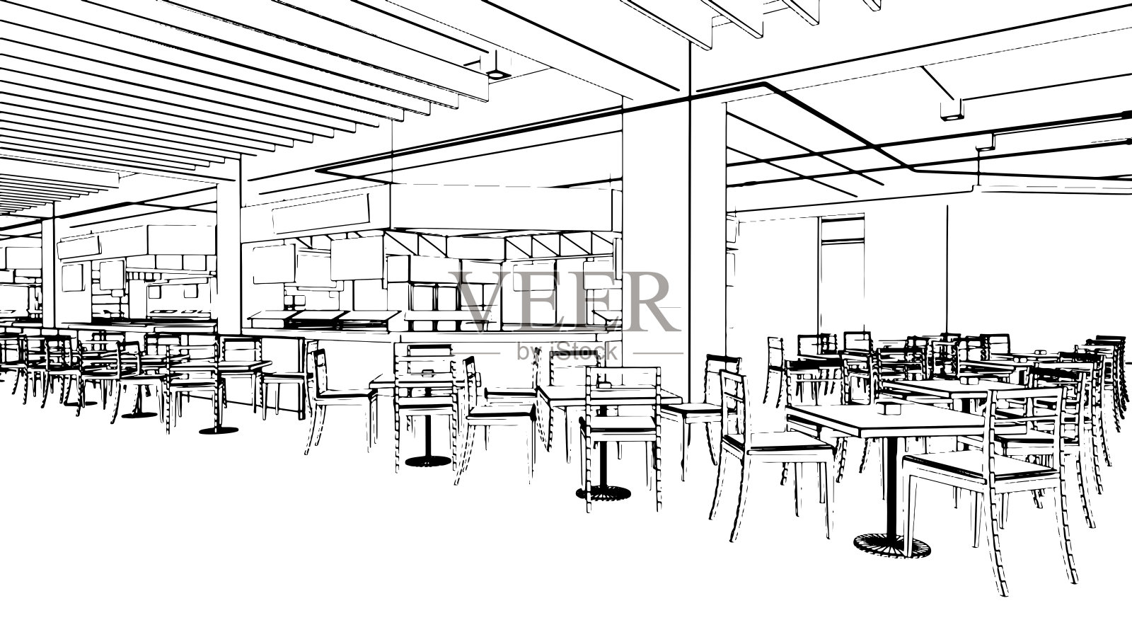 百货大厅区域的线条绘制，食品店的剖面图，3d渲染照片摄影图片