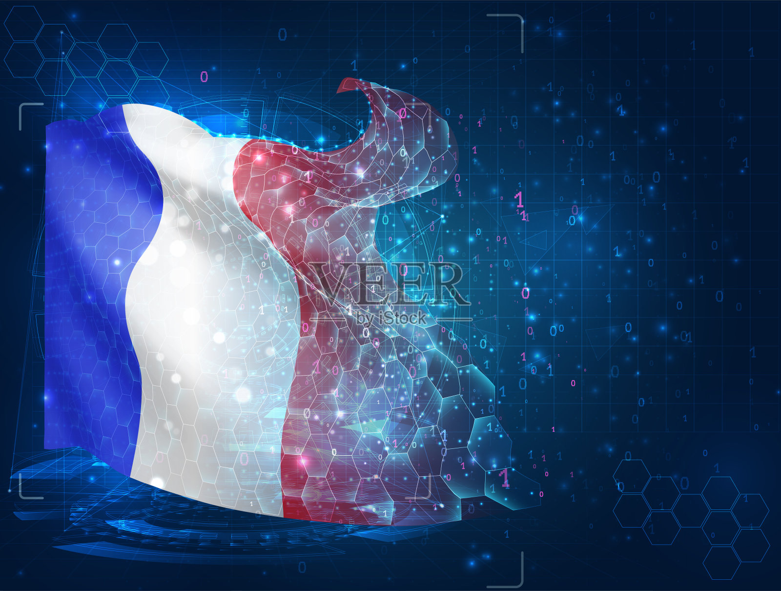 法国，矢量旗，在蓝色背景上从三角形多边形虚拟抽象3D对象插画图片素材