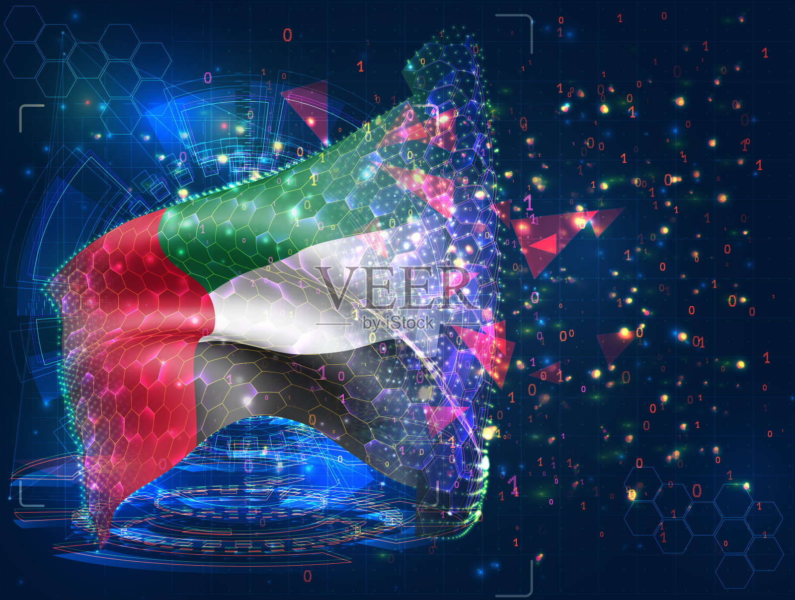 阿联酋，矢量旗，虚拟抽象3D对象从三角形多边形在一个蓝色的背景插画图片素材