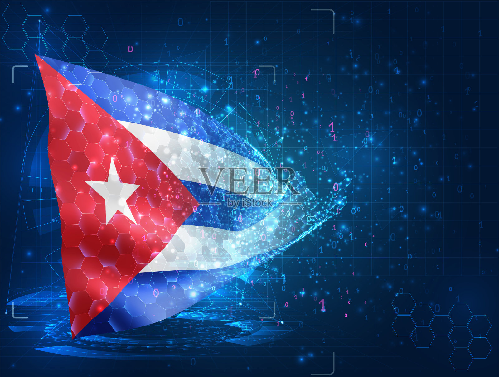 古巴，矢量旗，虚拟抽象3D对象从三角形多边形在一个蓝色的背景插画图片素材