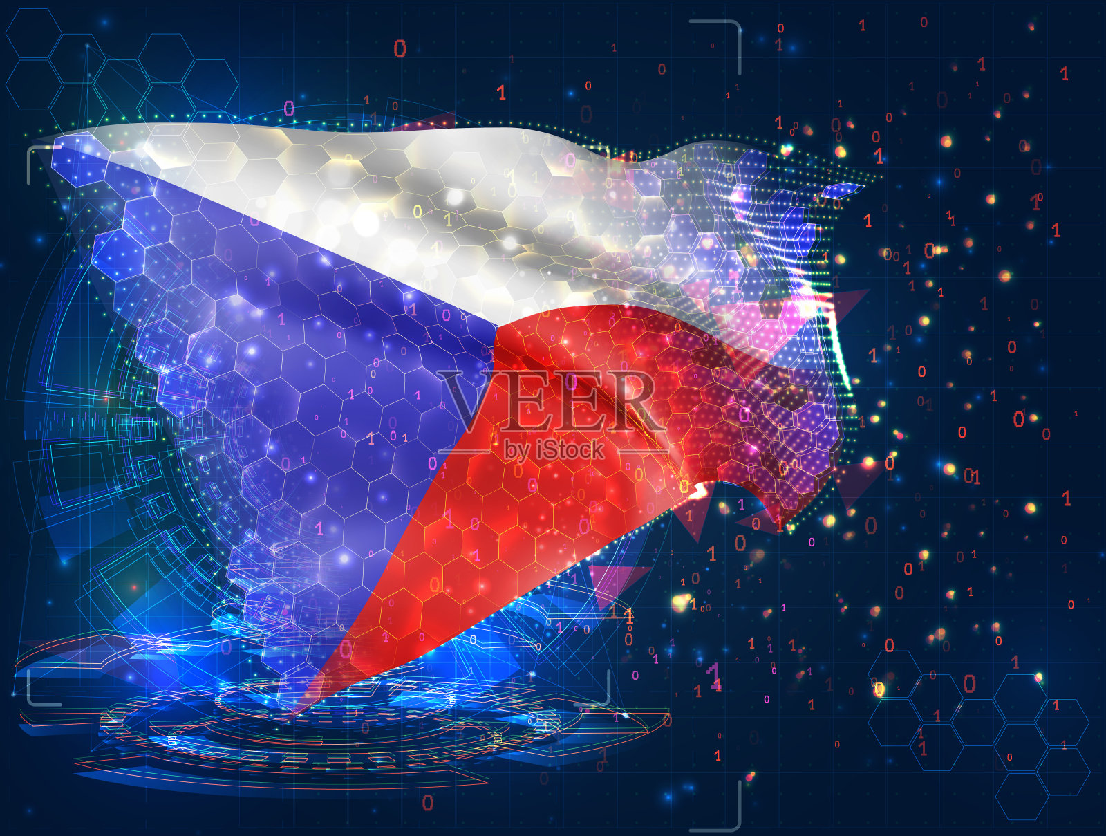 捷克共和国，矢量旗，在蓝色背景上从三角形多边形虚拟抽象3D对象插画图片素材