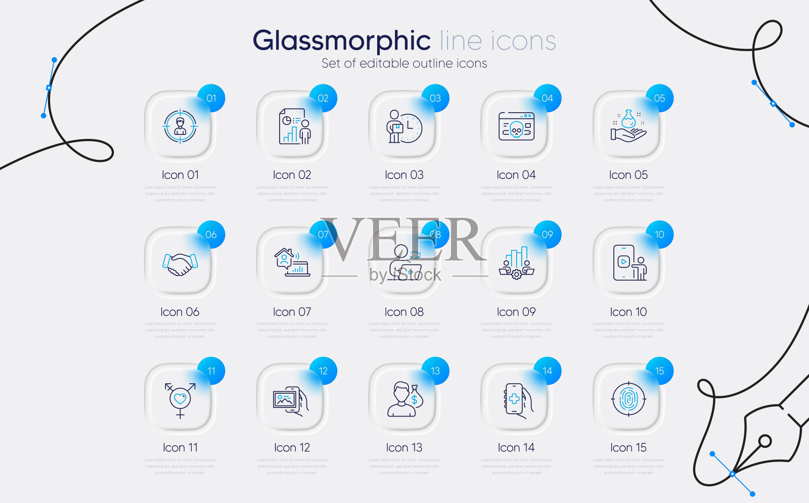一套手机视频，指纹和图像相册线图标的web应用程序。象形图标。向量插画图片素材