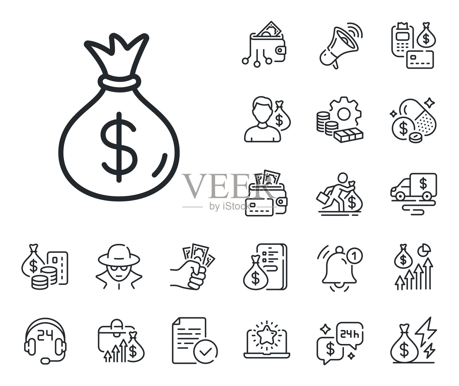 钱袋线图标。现金银行货币。现金、贷款和抵押。向量插画图片素材