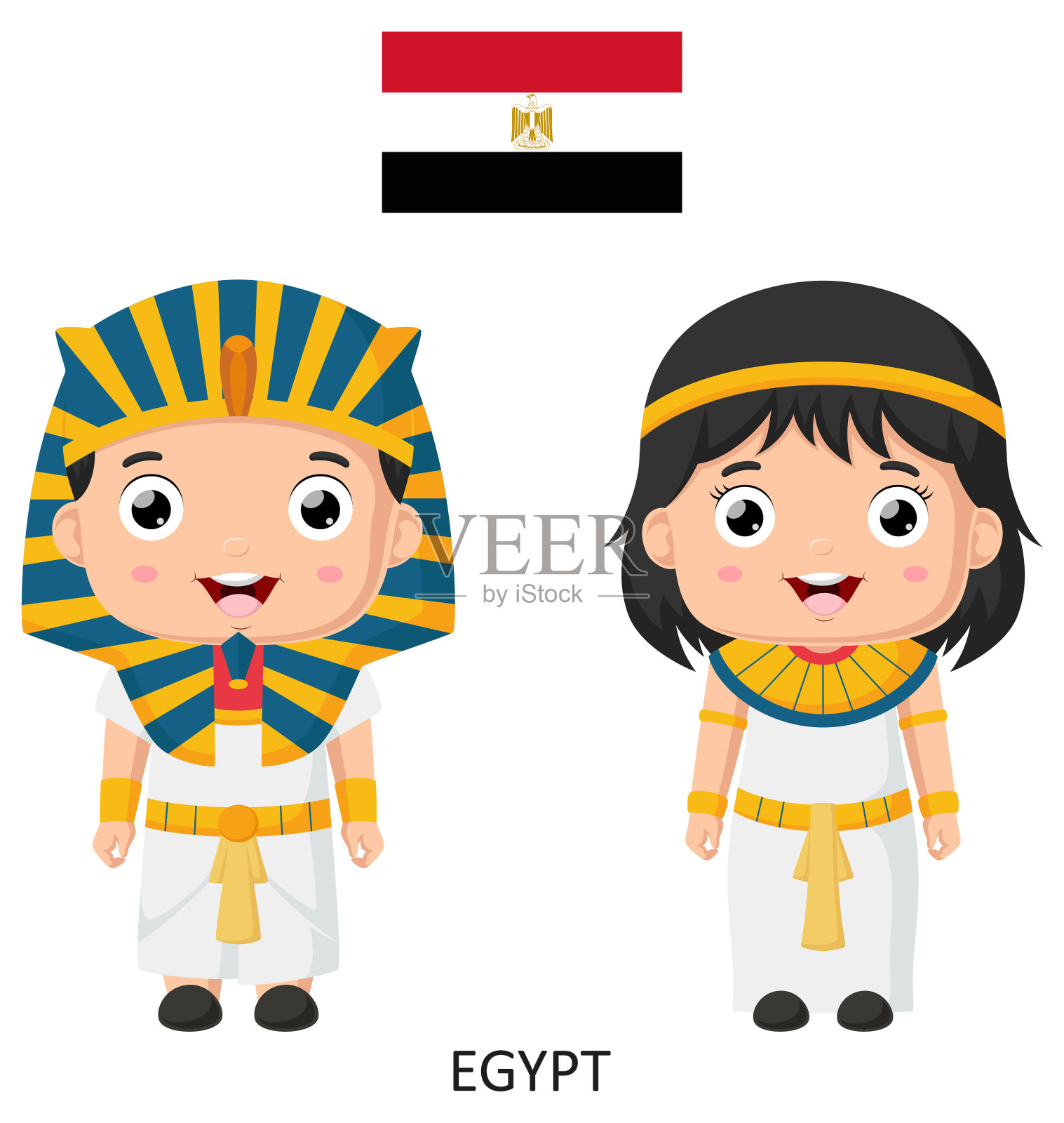 可爱的男孩和女孩穿着埃及民族服装插画图片素材