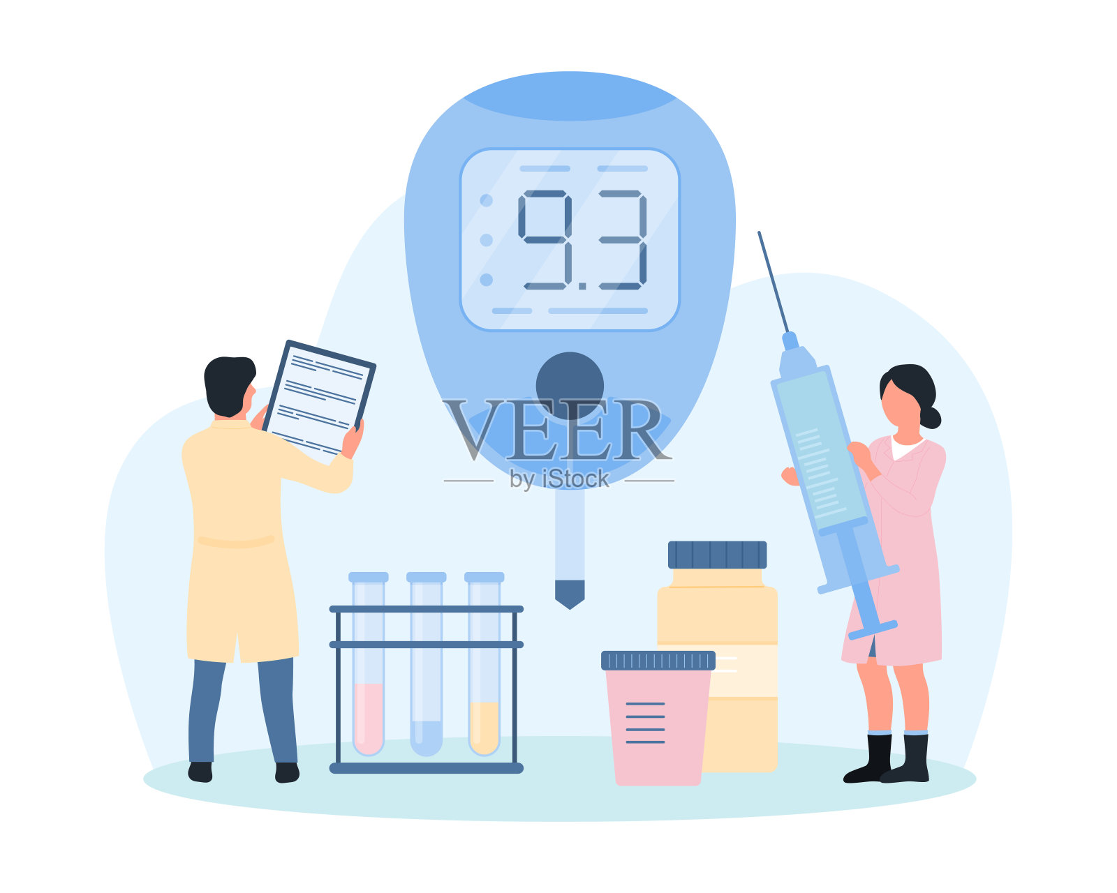 糖尿病治疗，高血糖，微小的人用血糖仪控制血糖水平插画图片素材