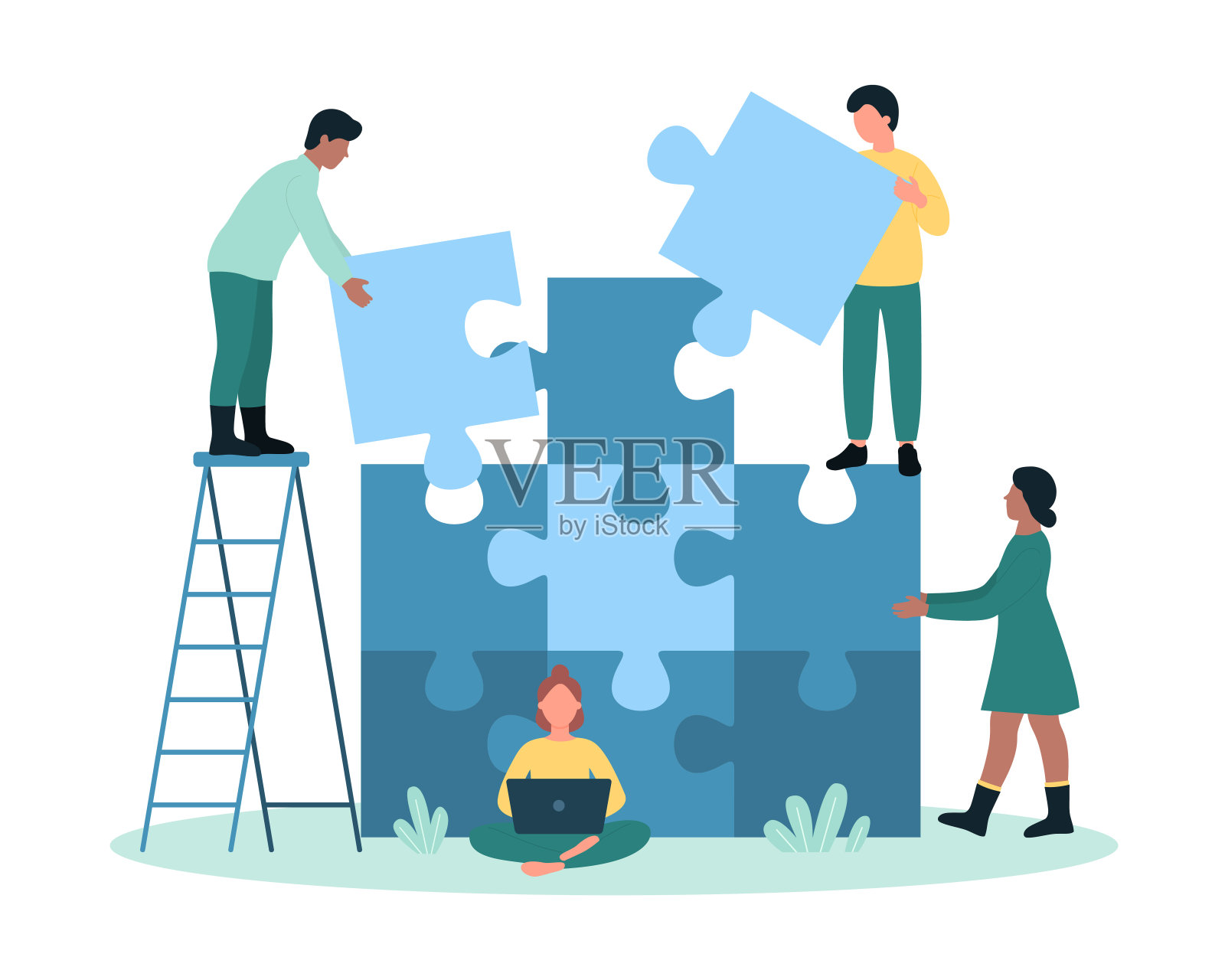 团队建设，小人物连接拼图匹配和建立业务伙伴关系插画图片素材