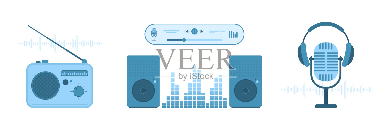 音频设备集，麦克风和耳机，扬声器和播放器应用程序，无线电接收器插画图片素材