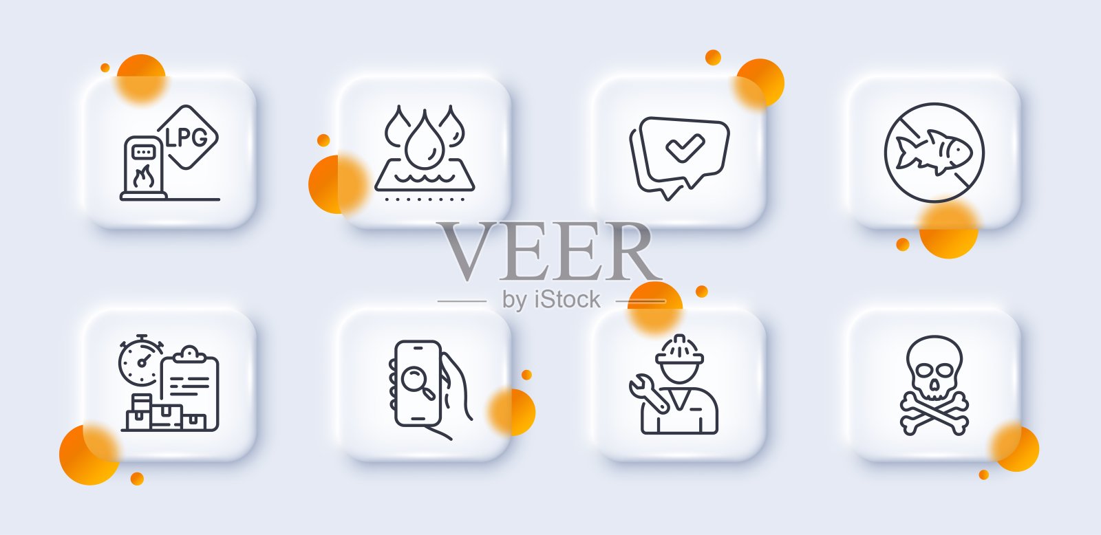 停止钓鱼，搜索应用程序和交付报告线图标包。用于web应用程序。3d玻璃按钮。向量插画图片素材