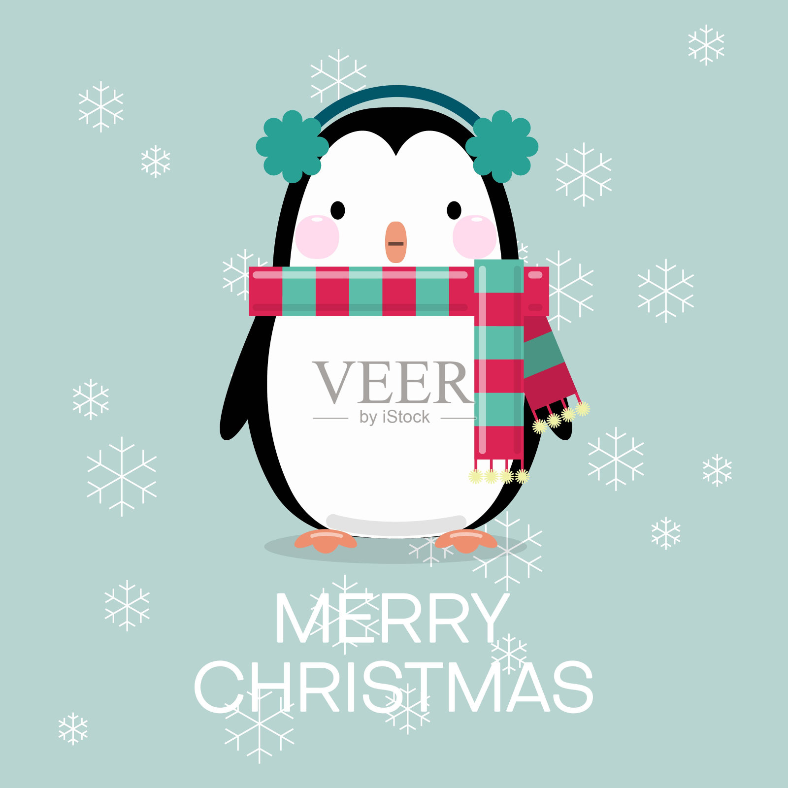 可爱的卡通卡通企鹅戴着圣诞和新年的耳罩和围巾。矢量插图。插画图片素材