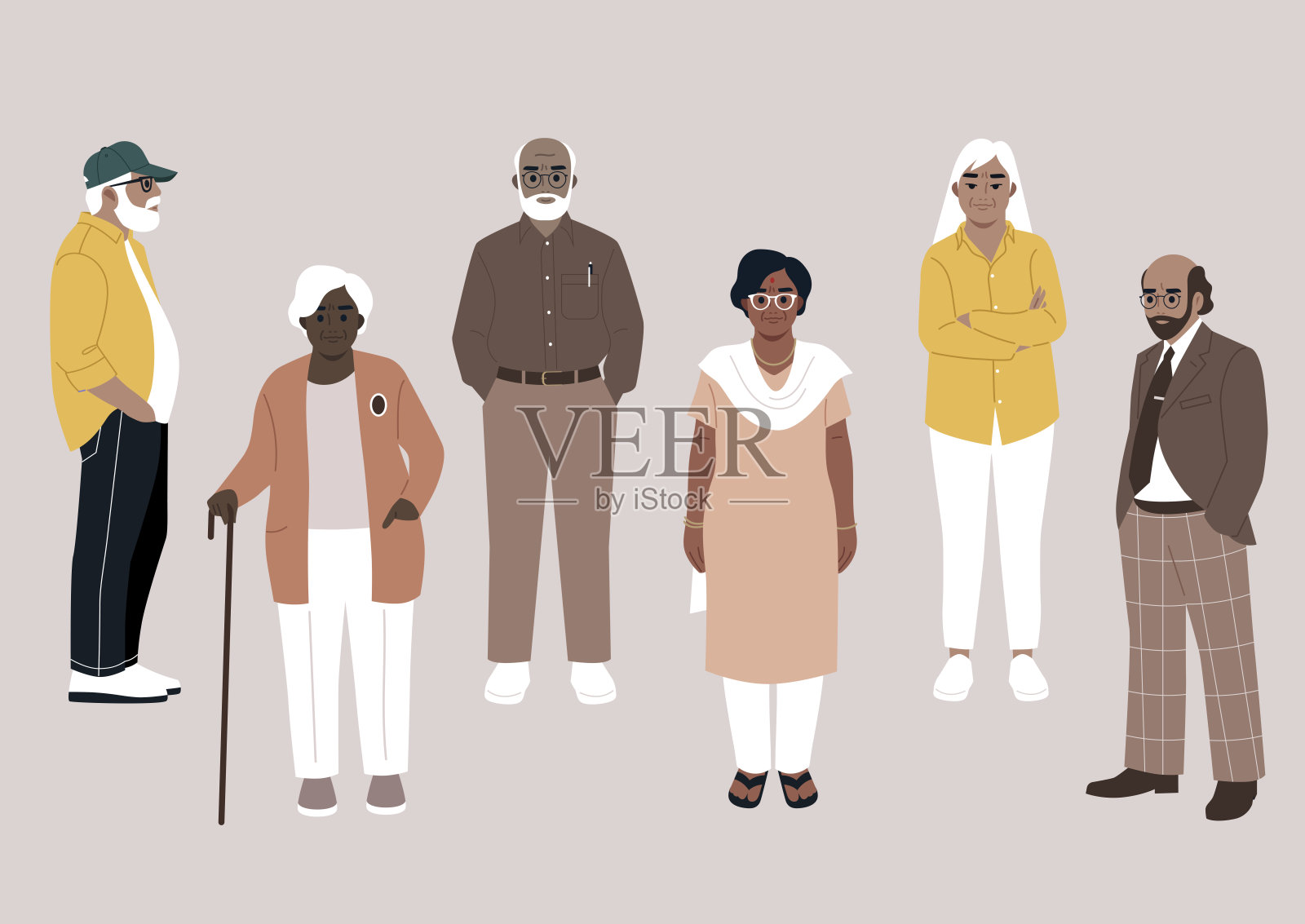 这是一幅全身像，描绘了一群不同年龄的成年朋友，在退休的黄金岁月里享受彼此的陪伴插画图片素材