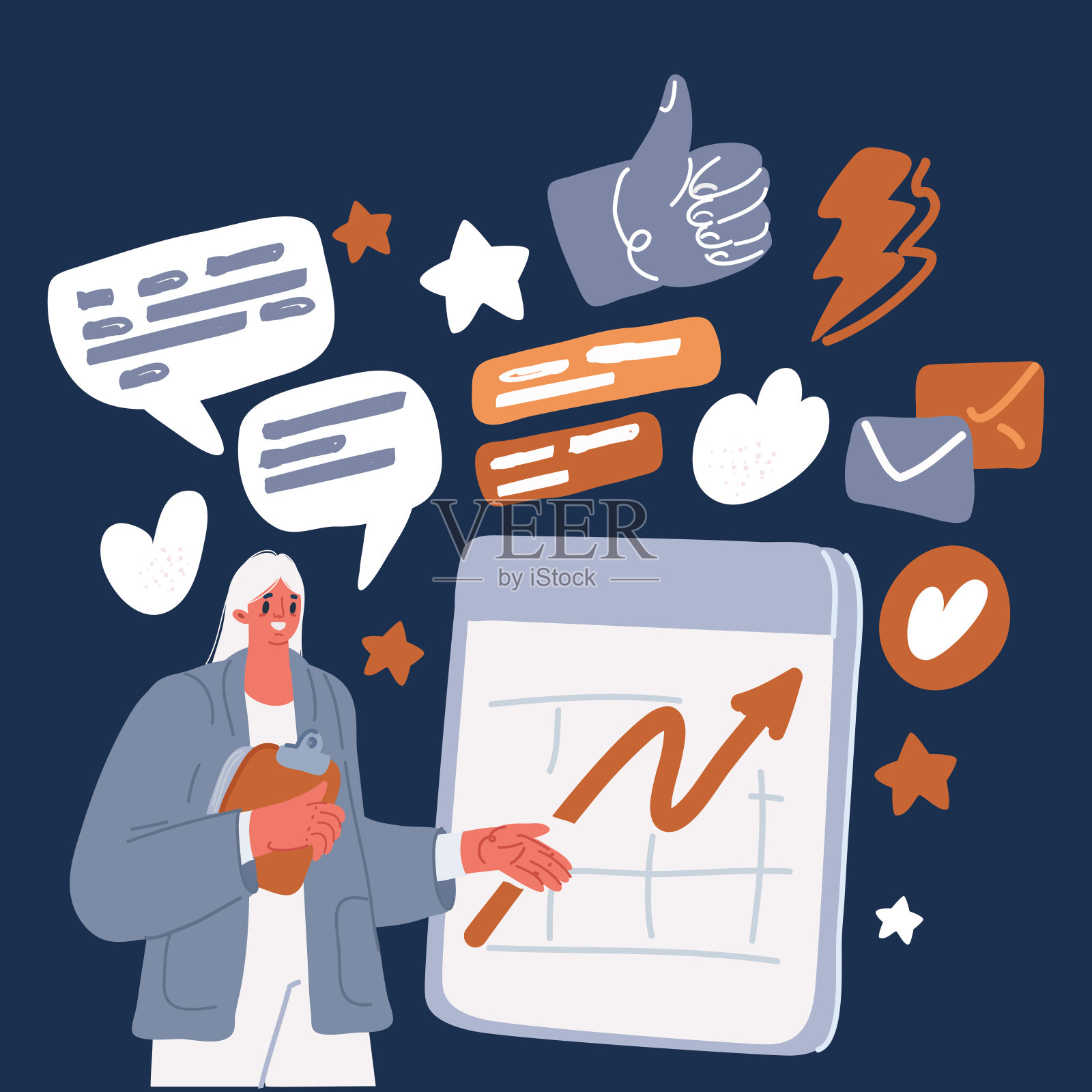 卡通矢量插图的女商人与演讲。成功的女性商务人士在研讨会上发言，在黑暗的背景上展示了演讲的增长图表插画图片素材