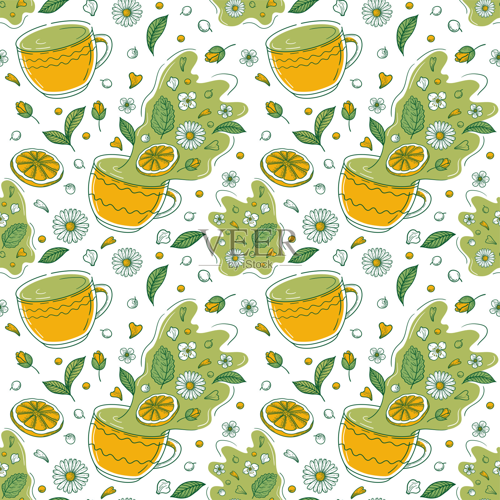 无缝图案与杯草药或绿茶，茶叶，柠檬，薄荷，玫瑰，。秋天的心情。插画图片素材