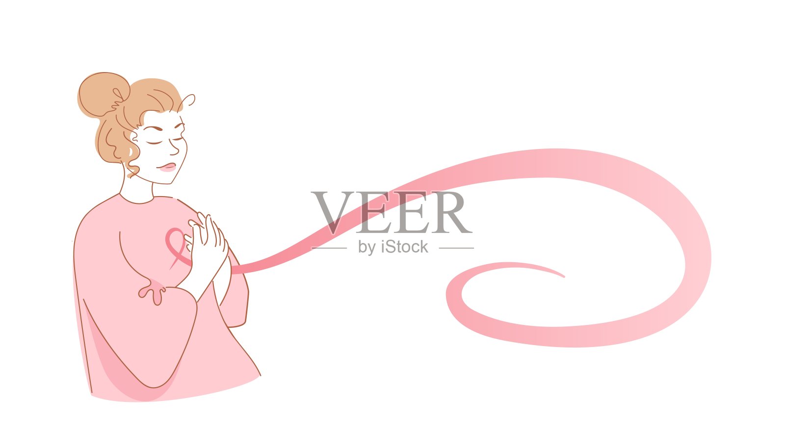 乳腺癌宣传月。系着粉色丝带的女孩。矢量插图在素描风格。用于网页横幅，传单，网站插画图片素材